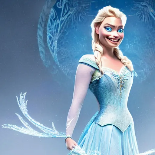 Image similar to Margot Robbie as Elsa in disney frozen live action, 8k full HD photo, cinematic lighting, anatomically correct, oscar award winning, action filled, correct eye placement,