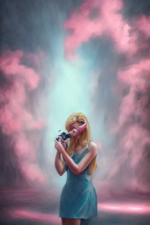 Image similar to an insanely detailed close up portrait of a beautiful blonde haired woman, blue dress, holding nikon camera, background is a fountain in the park, in the style of peter mohrbacher, artgerm, dramatic lighting and composition, pink fog background, octane render, trending on artstation, concept art 8 k