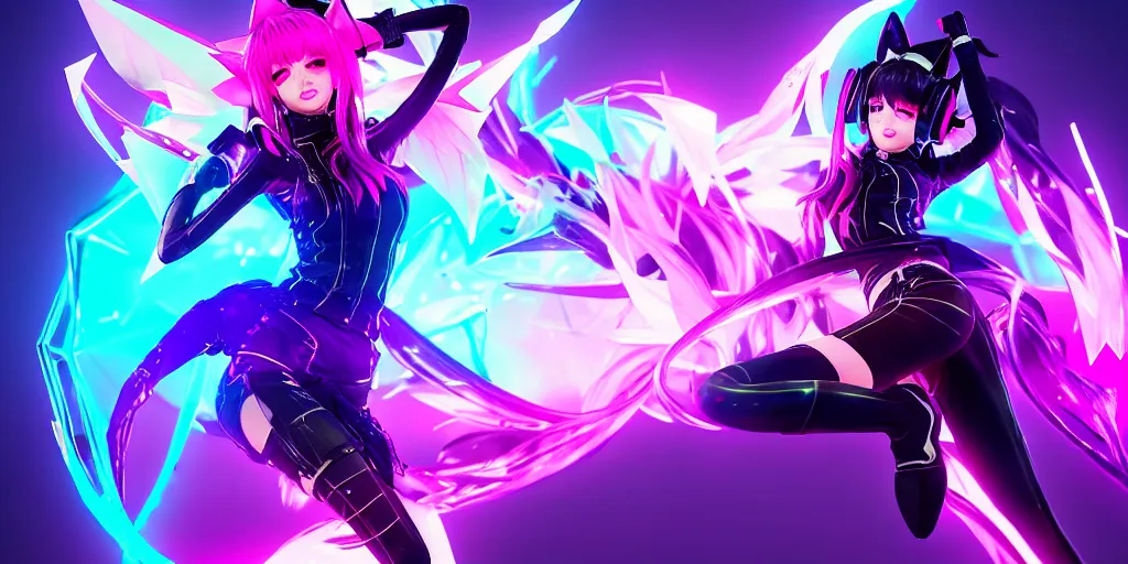 Prompt: KDA Ahri with her eyes closed singing facing the camera centered with headphones on in the style of a code vein character, momo from twice in code vein in the style of WLOP, artgerm, yasutomo oka, rendered in unreal engine and redshift octane , background is surrounded by epic neon glitch effect digital art dynamic dramatic lighting, soft lighting, imagine fx, artstation, cgsociety, by Bandai Namco artist,