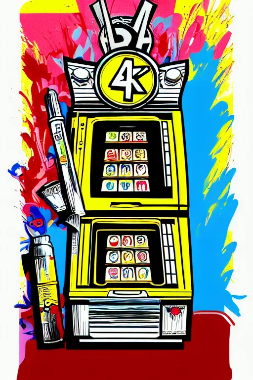 Image similar to slot machine machine, 4 k, acrylic paint style, pencil style, torn magazine style, pop art style, bioshock style, by mike swiderek, jorge lacera, ben lo, tyler west, ultrarealistic, sharp focus, intricate