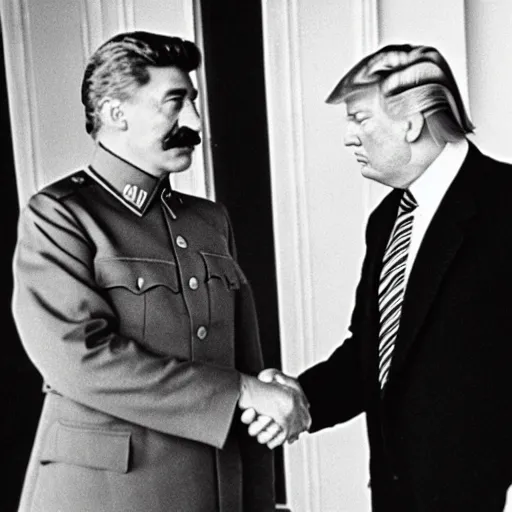 Image similar to photo of stalin and trump shaking hands, award winning photo, 3 5 mm camera