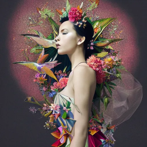 Image similar to 3 / 4 view of a beautiful girl wearing an origami dress, eye - level medium shot, fine floral ornaments in cloth and hair, hummingbirds, elegant, by eiko ishioka, givenchy, ambrosius boeschaert, by peter mohrbacher, centered, fresh colors, origami, fashion, detailed illustration, vogue, native american woman, reallusion character creator