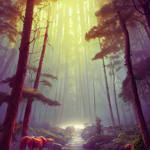 Prompt: electronic matte 3 d art of a incredible forest scene by dan mumford, beeple, sparth, andreas rocha, john howe, martin johnson heade, featured on artstation, featured on behance, featured on illustrationx, cinematic, cinematic lightning, landscape photography, octane render
