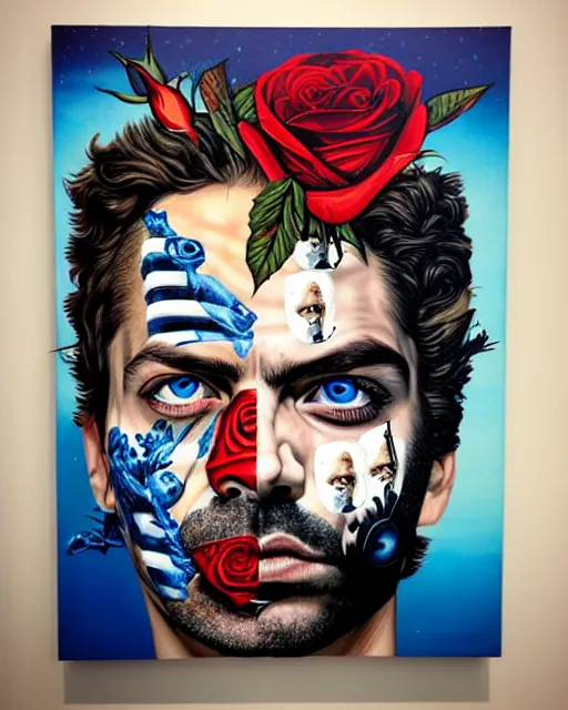 Prompt: split face of a man with pistol and roses in a deep sea with intricate details by Sandra Chevrier with half image