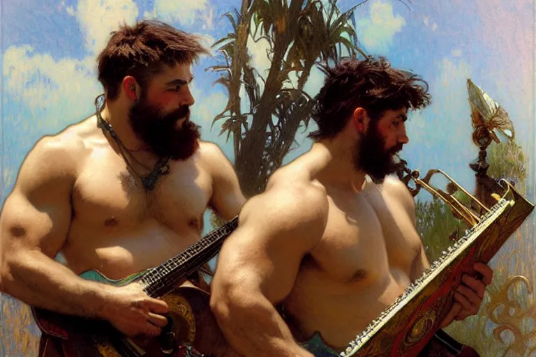 Prompt: 2 beefy attractive men playing music, painting by gaston bussiere, craig mullins, greg rutkowski, alphonse mucha