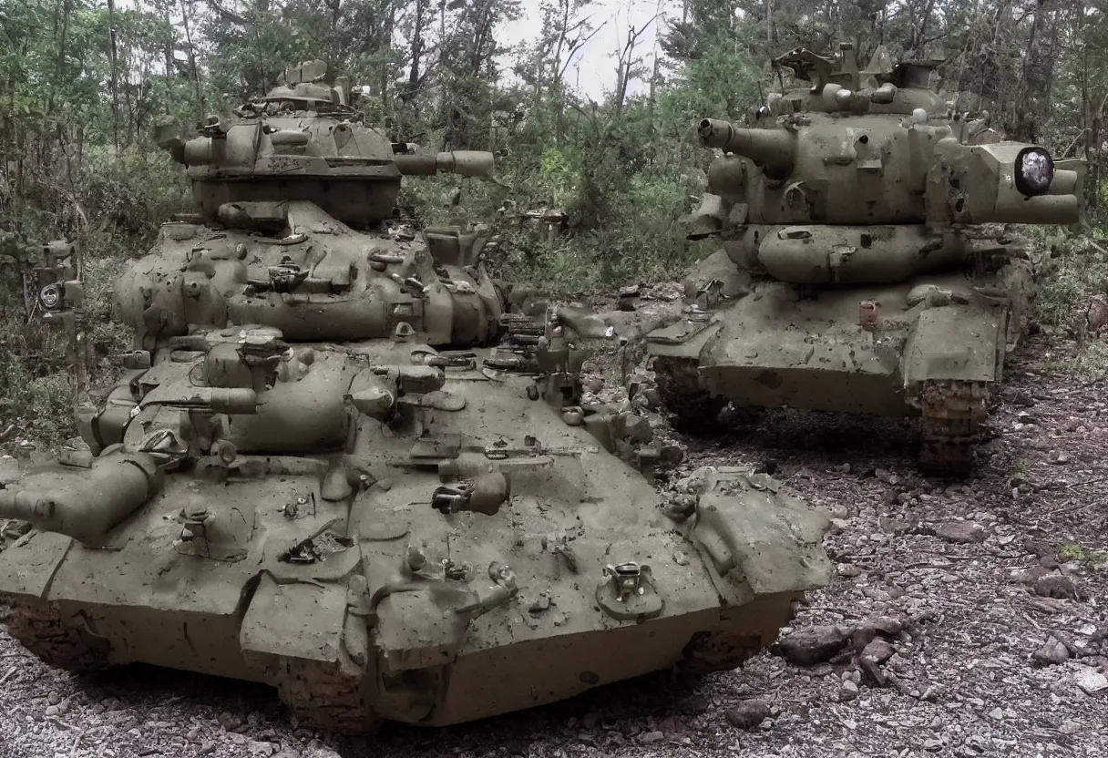 Image similar to totoro tank, post apocalyptic style. fox holes. rich color, shot on film, wide angle, storming