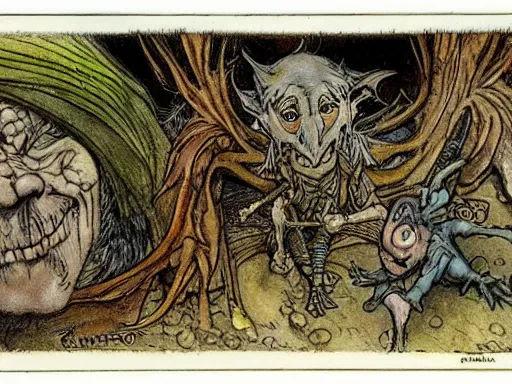 Prompt: goblins by arthur rackham and by Tony DiTerlizzi and by brian froud