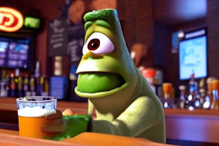 Image similar to a anthropomorphic pint of beer, pixar, who is a customer, waits to be served by a bartender,