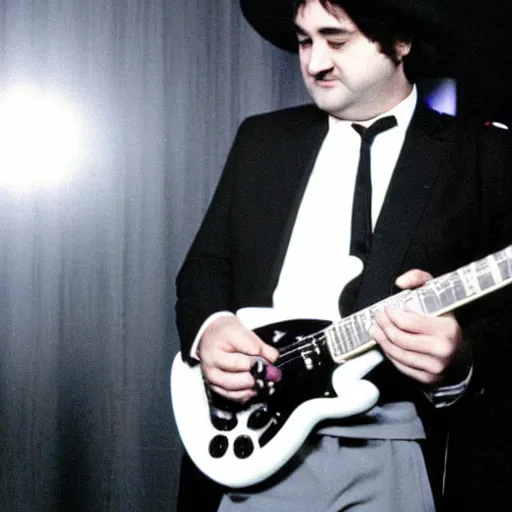 Image similar to john belushi wearing a black suit and black necktie and black fedora playing electric guitar in a darkened nightclub, 3 5 mm film still from 1 9 8 1, grainy.