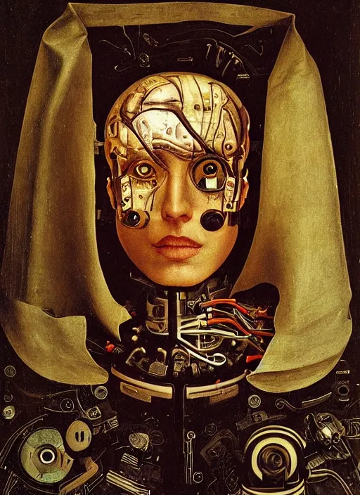 Prompt: a portrait of a cyborg jacked into a brain-machine interface by Jan van Eyck