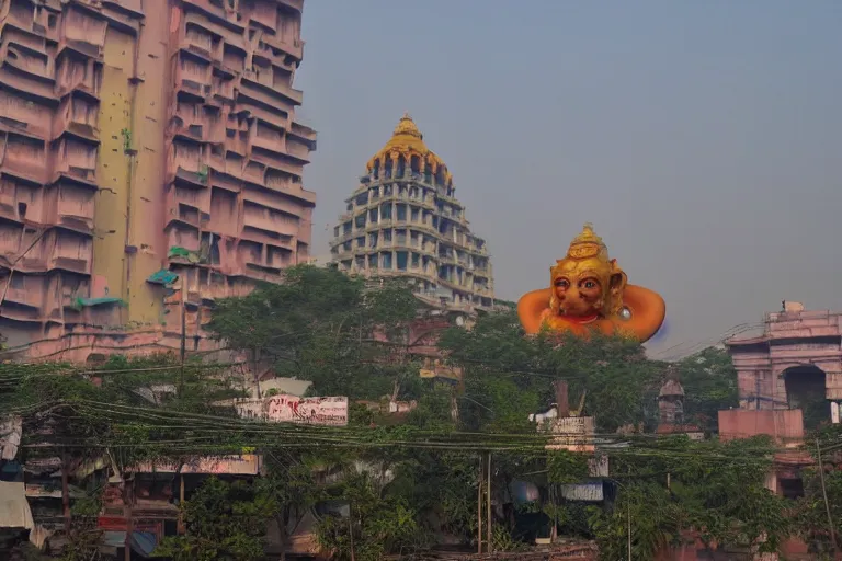 Image similar to beautiful dreamscape! biomorphic new delhi, hanuman!! head building, kalighat, octane sharp cinematic, stephen shore & john j. park, soft morning light, wide shot, high angle, uhd 8 k, shallow depth of field