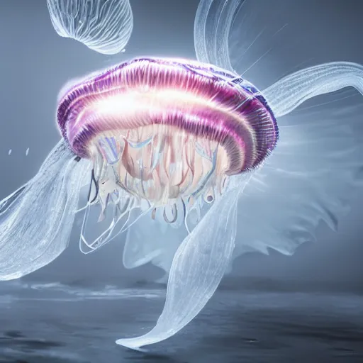 Image similar to a highly detailed digital image of a shattering futuristic jellyfish elegantly wrapped in a cloud, by Andrea Chiampo, artstation and Frederik Heyman, extremely detailed woman, stunning volumetric lighting, hyper realism, fantasy 4k