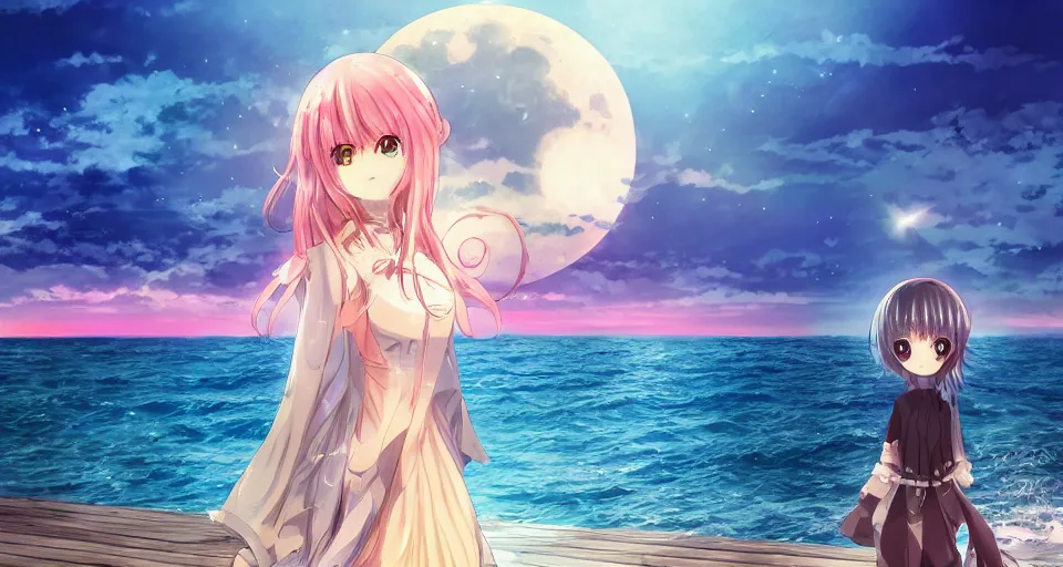 Prompt: one anime girl standing on a pier with the ocean as background at twilight, her blue shiny detailed eyes are looking at the camera, cute, big moon above the water, colorful, magical, detailed face, 8k, based on Puella Magi Madoka Magica