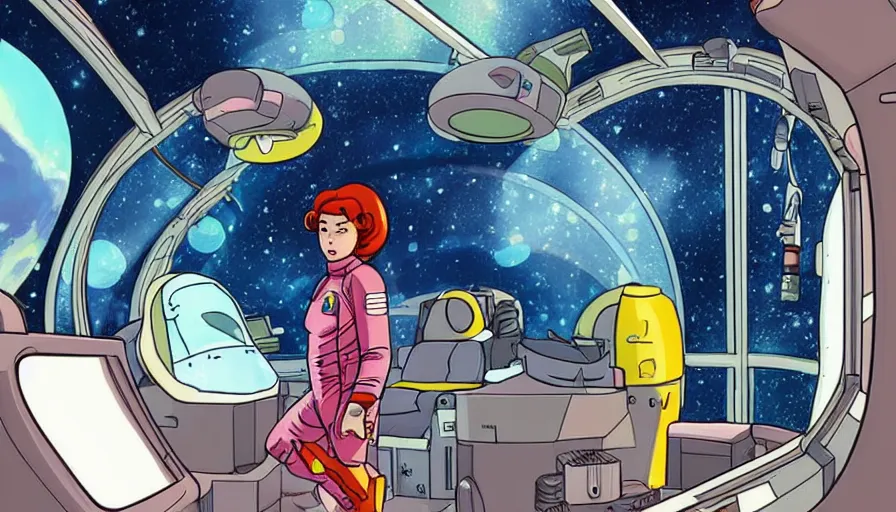 Prompt: a female astronaut floating in a scenic space environment in the style of yoko tsuno