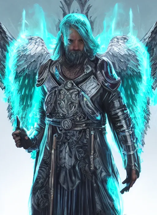 Prompt: An epic fantastic realism comic book style portrait painting of arrogant aasimar hexblade warlock, teal electricity, male, massive angel wings, silver hair, short beard, 4k, 8k, Apex Legends Concept Art, D&D Concept Art, unreal 5, DAZ, hyperrealistic, octane render, cosplay, RPG portrait, dynamic lighting