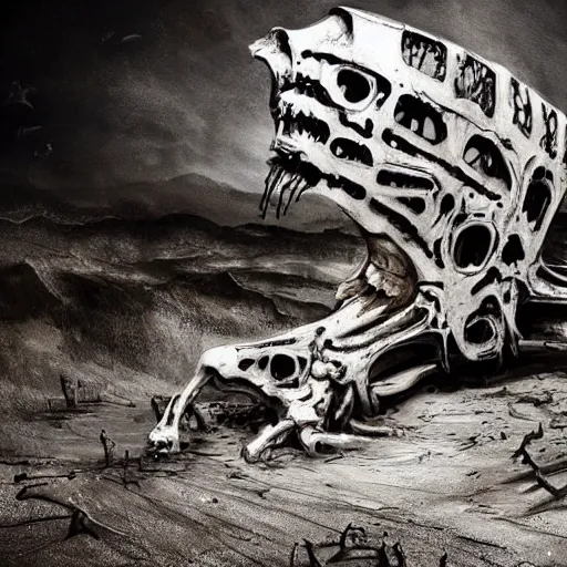 Image similar to monster made of bones and rotten flesh , abandoned space ship, dark, atmospheric , depressive