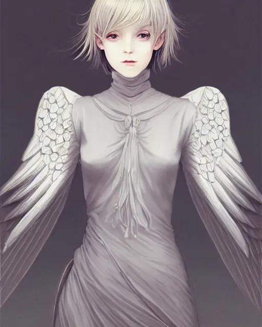 Image similar to an infinitely detailed portrait of a frail and pale female peace angel fully clothed. elegant clothes full - body, beautiful! scenery art!! coherent! by wlop & murata range, by ilya kuvshinov. victorian armor. artstation!! / pixiv!! elegantly armored angel portrait full - body, dreamy art