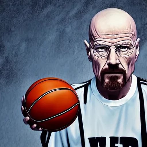 Image similar to walter white wearing adidas track suit and playing basketball, 8 k, photorealistic