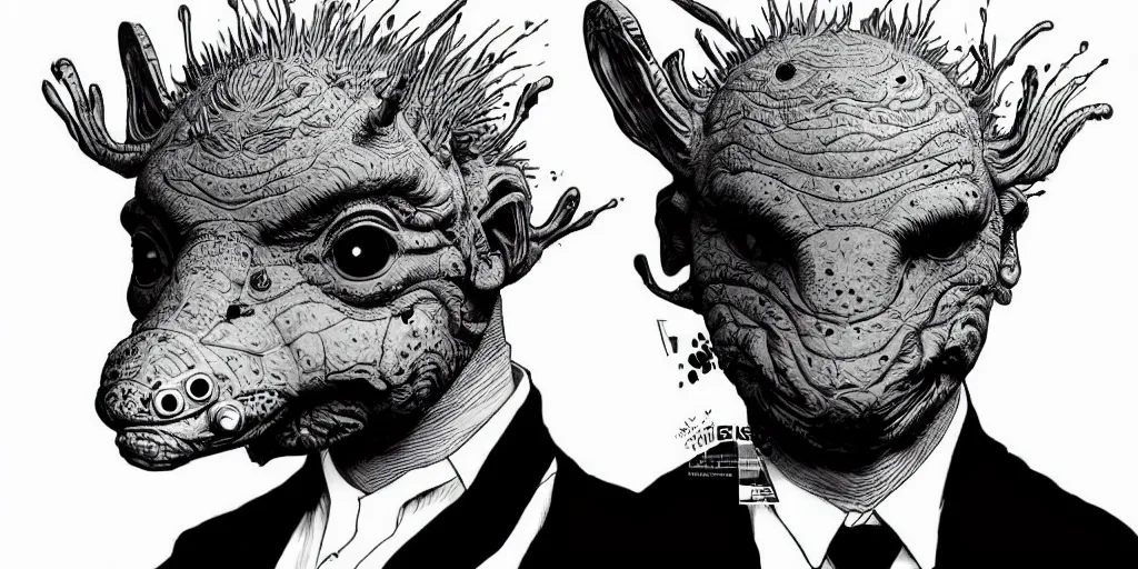 Prompt: a man in a black suit wearing an axolotl mask. ultrafine hyperdetailed illustration by kim jung gi