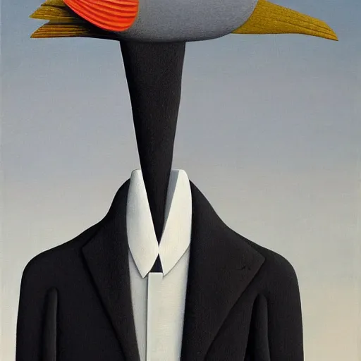 Prompt: a painting of a man with a bird on his shoulder, a surrealist painting by gertrude abercrombie. surrealism, dark, low contrast by john brack, featured on pixiv, precisionism, surrealist, art on instagram, detailed painting