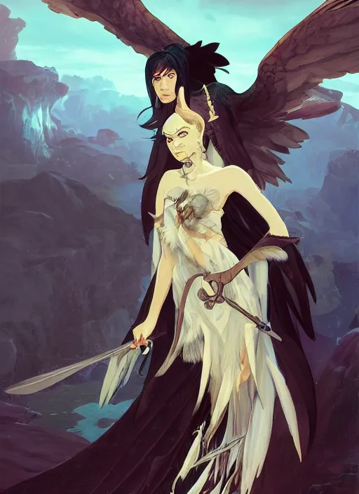 Image similar to concept art painting of a harpy with black feathers, pirate clothes, detailed, realistic, cel shaded, in the style of makoto shinkai and james gurney and alphonse mucha and greg rutkowski and artgerm