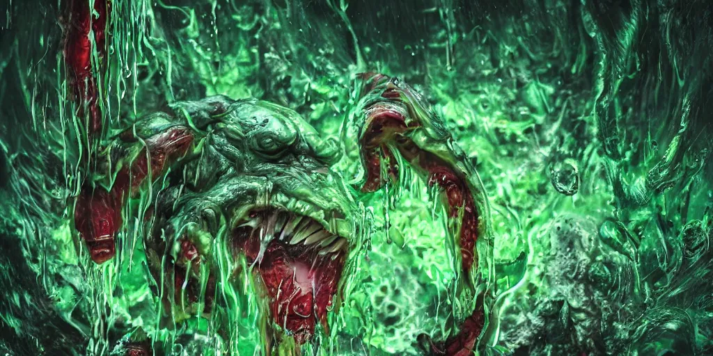 Prompt: a large slimy creepy monster a with very long slimy tongue, dripping saliva, macro photo, fangs, red glowing skin, green skin with scales, cinematic colors, tiny glowbugs everywhere, standing in shallow water, insanely detailed, dramatic lighting