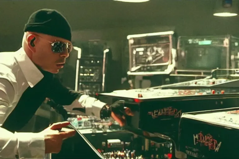 Image similar to pitbull playing a pitbull themed pinball machine, over the shoulder perspective, in 1 9 8 5, y 2 k cybercore, industrial low - light photography, still from a kiyoshi kurosawa movie