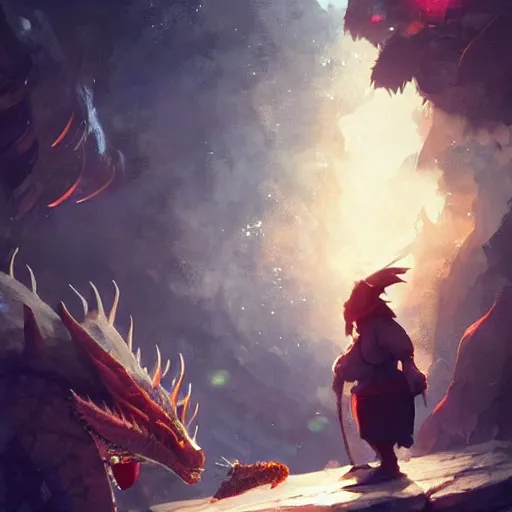 Image similar to a dwarf and a dragon drinking a beer | fantasy art | gapmoe kuudere moody lighting stunning bokeh highlights sharp contrast | trending pixiv fanbox | by greg rutkowski makoto shinkai takashi takeuchi studio ghibli