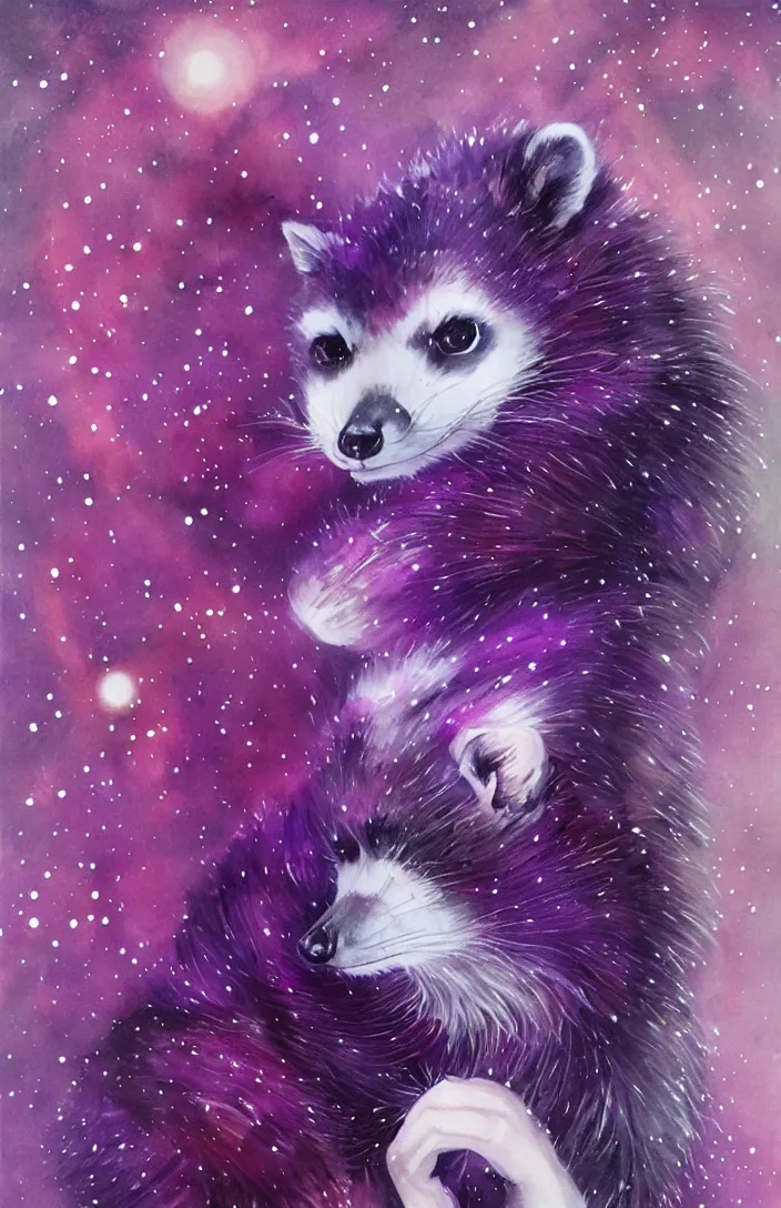 Image similar to purple raccoon in the stars in the style of Anna Dittman