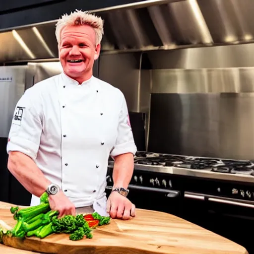 Image similar to hyper real Gordon Ramsey cooking a unicorn in kitchen 4k