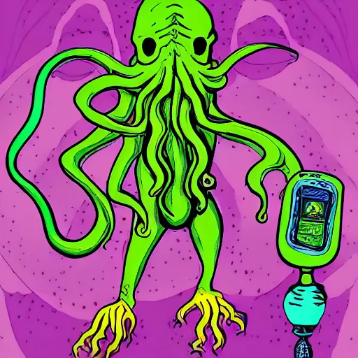 Image similar to Cthulhu as a modern day business man with a family and a drug and gambling addiction, psychedelic , 50s style infomercial , award winning , retro futuristic