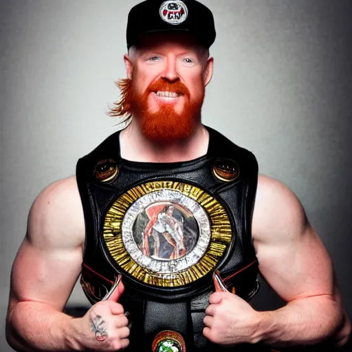 Image similar to Sheamus posing with his champion belt for a magazine photo