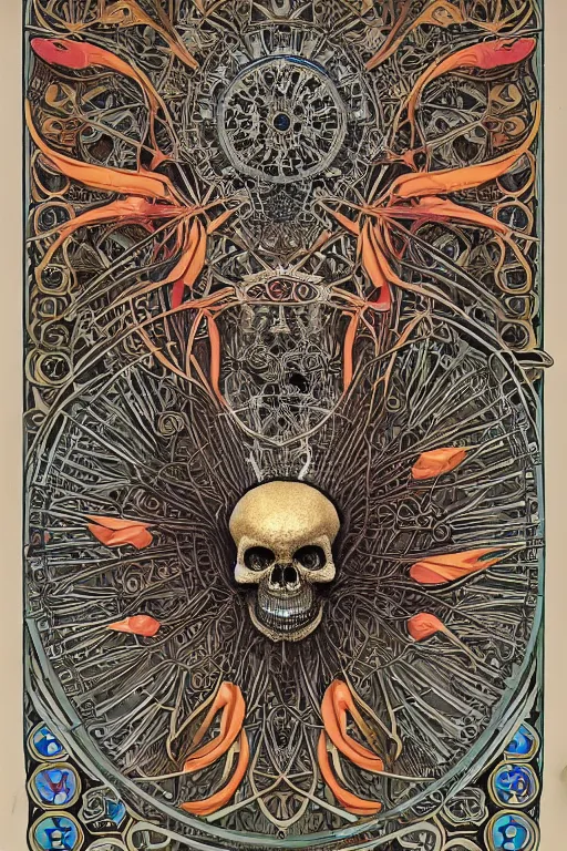 Prompt: intricate atomical skeleton of a crow, crow skull, background consists of interwoven varities of superhot chili peppers, bhut jolokia, carolina reaper, trinidad scorpion, voronoi, fibonacci sequence, leaves, by Moebius, Alphonse Mucha, peter mohrbacher, hiroshi yoshida, Art Nouveau, cgsociety, concept art, tweed colour scheme, psychedelic, complementary colour scheme, 3d