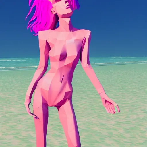 Prompt: fullbody vaporwave art of a fashionable zombie girl at a beach, early 9 0 s cg, 3 d render, 8 0 s outrun, low poly, from hotline miami, album art