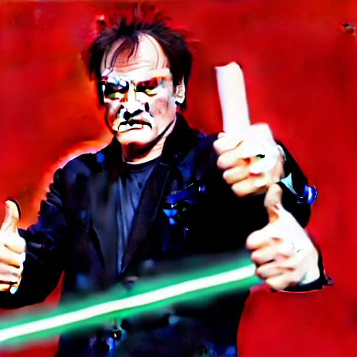 Image similar to quentin tarantino giving his thumbs up with one hand, and raising a lightsaber with his other hand. without characters. green screen background. cinematic trailer format.