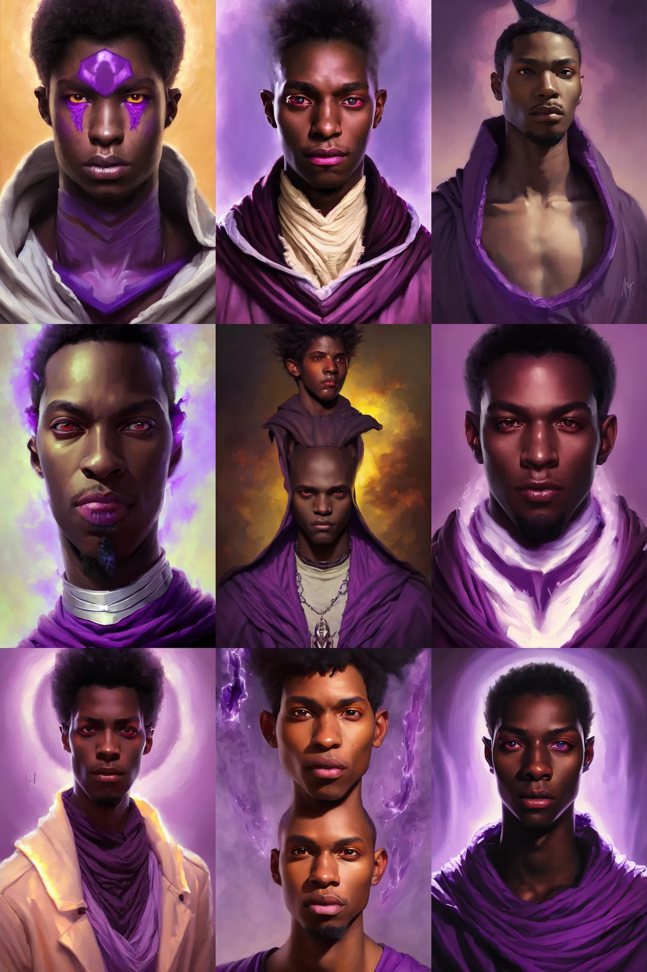 Prompt: a portrait of a young handsome black male warlock, purple eyes, oil on canvas, masterpiece, hi - fructose, mandy jurgens, artgerm, norman rockwell, craig mullins, noah bradley, tranding on pxiv, highly detailed face, clear eyes