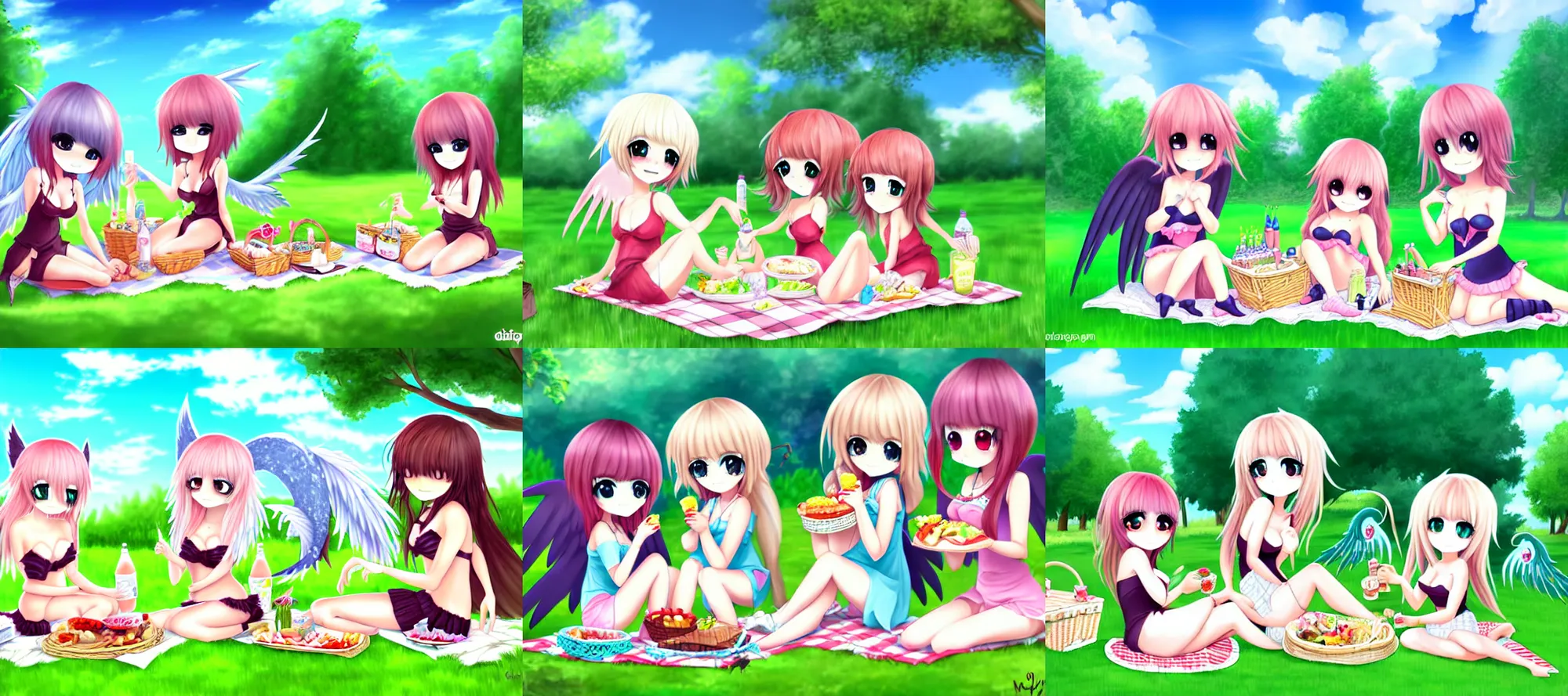Prompt: cute chibi harpy picnic, monster girls at a park