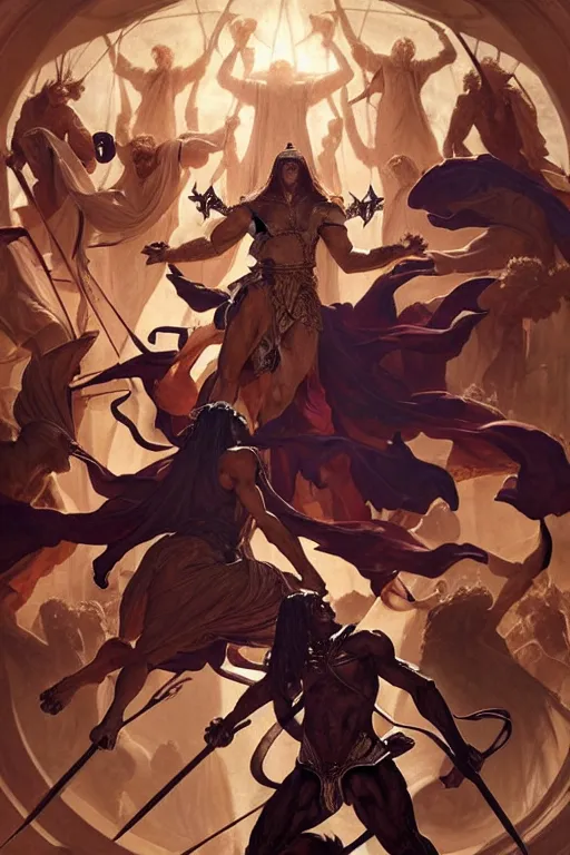 Image similar to epic battle between human warriors mages and demons, cathedrals and abbeys, fullbody!! dynamic action pose, religious, intricate, elegant, highly detailed, digital painting, artstation, concept art, smooth, sharp focus, illustration, art by artgerm and greg rutkowski and alphonse mucha