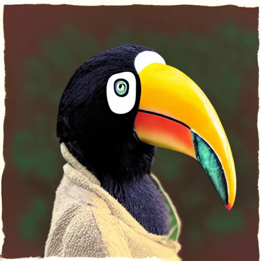 Prompt: woman with toucan beak, hybrid, photograph, illustration