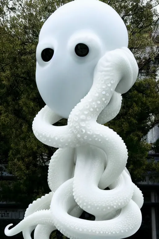 Image similar to full head and shoulders, beautiful porcelain female person, smooth, delicate facial features, white detailed eyes, white lashes, 3 d white shiny thick, large octopus tentacles and eyeballs by daniel arsham and james jean