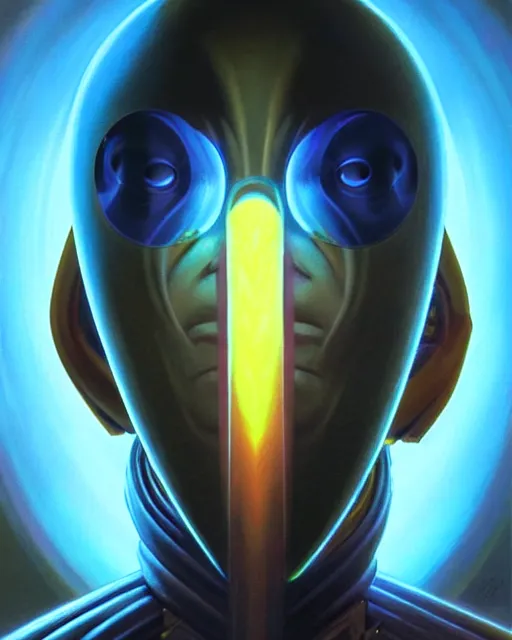 Prompt: zenyatta from overwatch, nine eyes, character portrait, portrait, close up, vintage fantasy art, vintage sci - fi art, radiant light, caustics, by boris vallejo