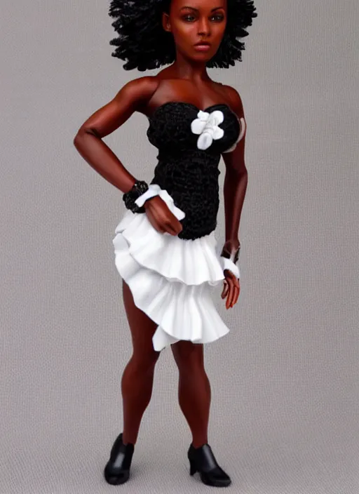 Prompt: Product Introduction Photos, 4K, Full body, 80mm resin detailed miniature of a Muscular Black Woman in white and lacy ruffled mini-skirt