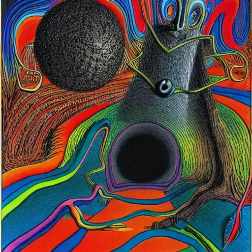 Prompt: empty black void, extremely detailed intricate colorful masterpiece by dr. seuss and max ernst