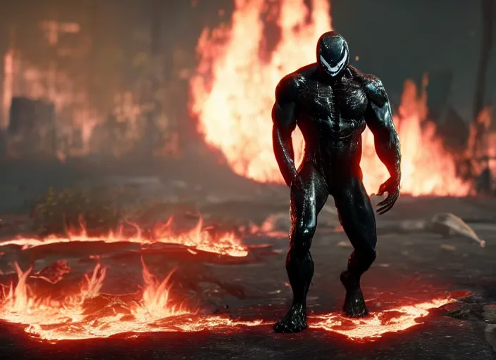 Image similar to venom standing still in a fire around him, ultra realistic 4 k unreal engine very cinematic render with ray tracing bloom ambient occlusion strong reflections depth of field fog