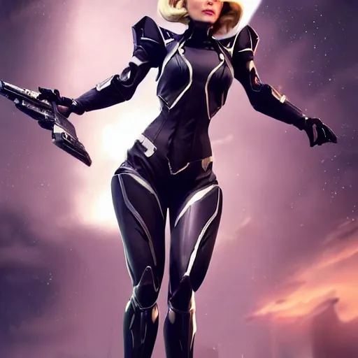 Prompt: A combination of Grace Kelly's and Ada Wong's and Ashley Greene's appearances with blonde hair wearing Interceptor's armor from Anthem, high tech, action shot, angular, full body portrait, futuristic, dramatic, fantasy, intricate, elegant, highly detailed, artstation, matte, sharp focus, 8K, art by Artgerm and Greg Rutkowski and Alphonse Mucha