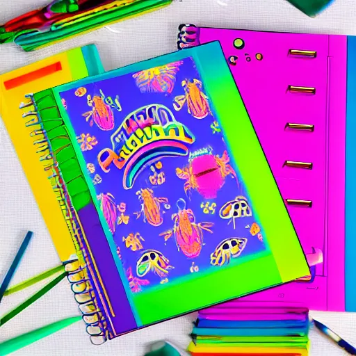 Image similar to lisa frank new school planner series, rainbow neon technicolor insects