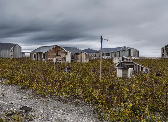 Prompt: desolate abandoned longyearbyen, taken over by nature, houses covered in vines