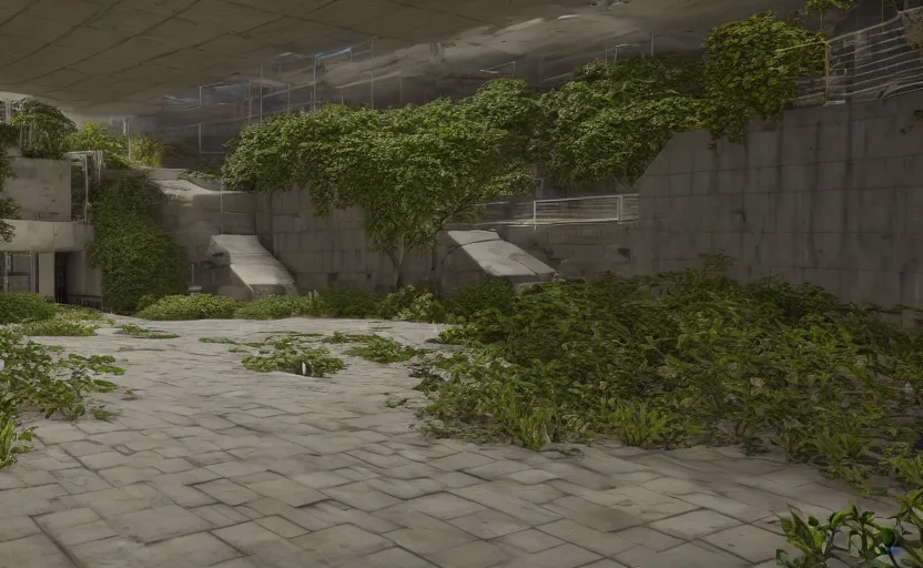 Image similar to screenshot of game on unreal engine 5, in a liminal underground garden, photorealistic, retrofuturism, brutalism, staggered terraces, minimalist, soft vintage glow