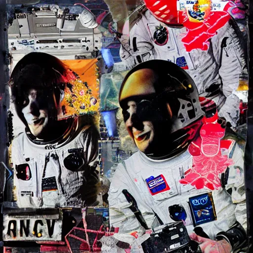 Prompt: astronauts in punk rock mixed media collage