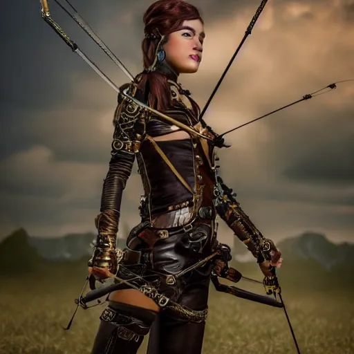 Prompt: photo of a steampunk female archer, highly detailed, 4k